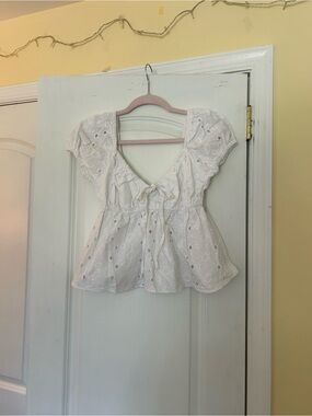 ASOS White Eyelet Tie-Front Peplum Top